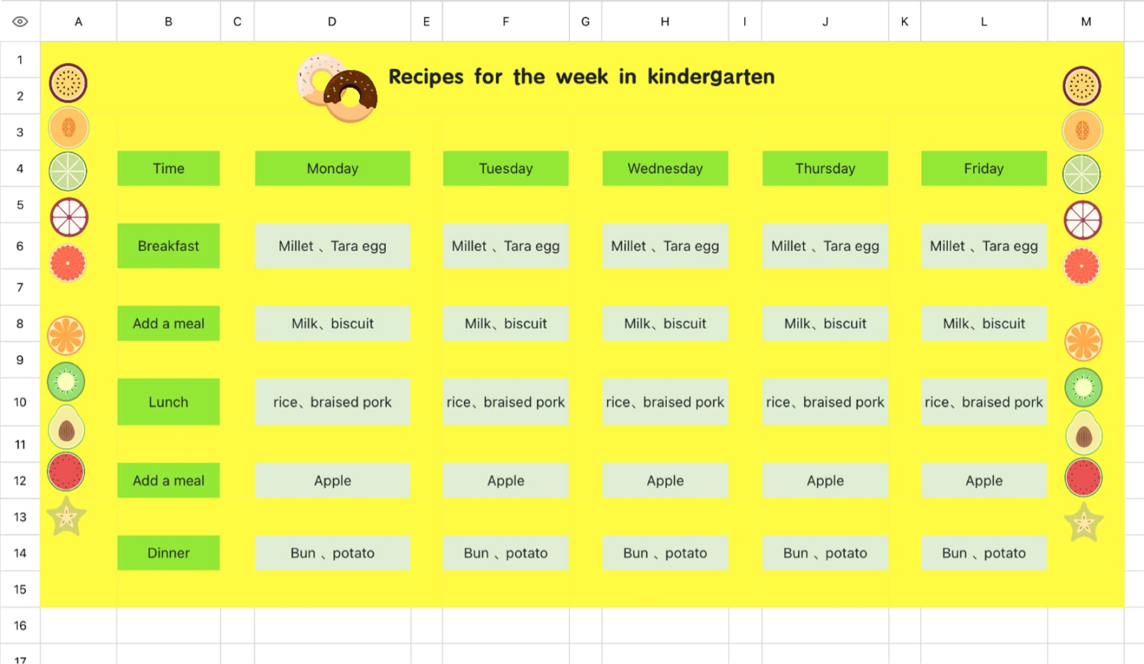 One-week recipe for kindergarten